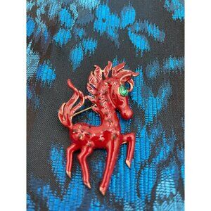 Equestrian Horse Brooch Pin Brown Enamel Gold Tone Green Rhinestone Eye